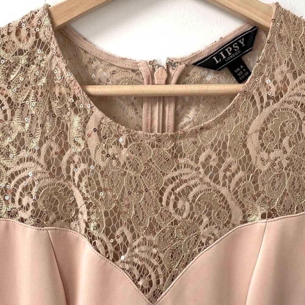 Lipsy maxi bodycon longsleeve lace sequins mermaid dress cream rose gold sz 4 - Picture 3 of 15